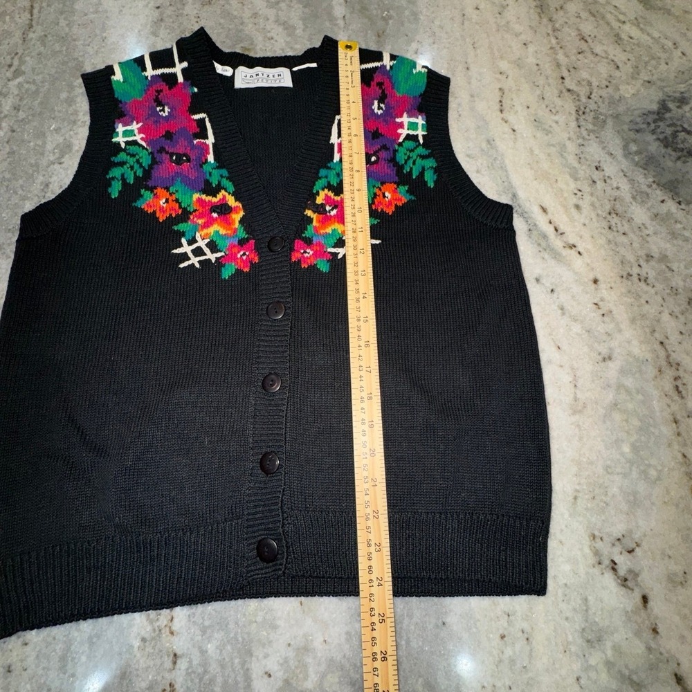 Vintage Jantzen Large Knit Sweater Vest Crochet Embroidered Floral Black - Picture 6 of 8